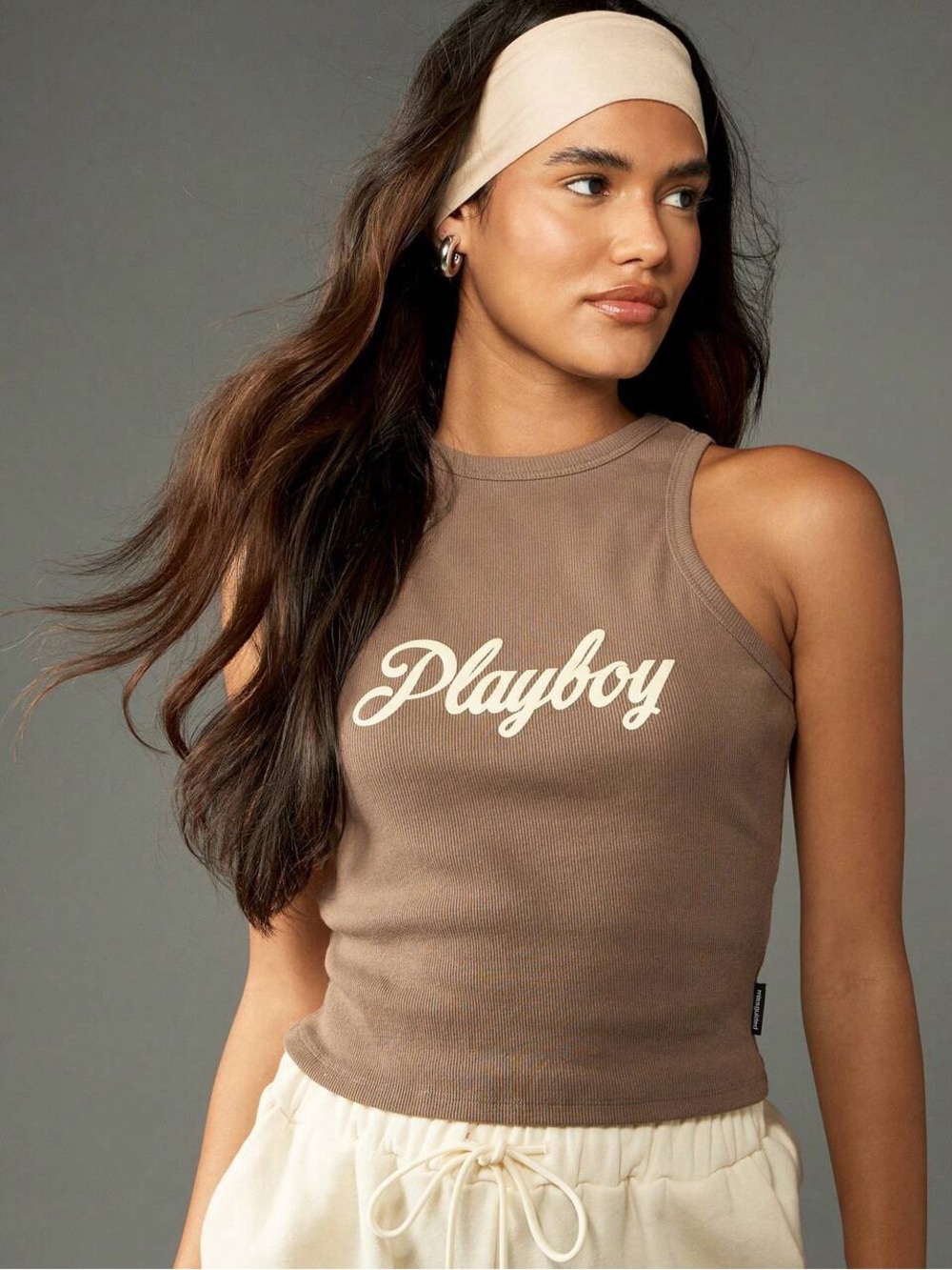 Missguided Playboy Brown Ribbed Crop Tank with Cream Script Logo